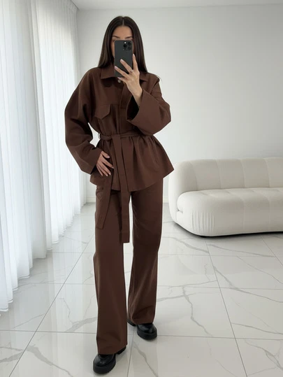 新款春夏复古套装，秋冬女士休闲商务装，女士职业套装，四粒扣假口袋衬衫配腰带，法式休闲简约情人节套装