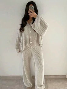 2pcs Women's Casual Knit Cardigan Sweater And Flare Pants Set, Slightly Stretchy, Warm And Comfortable, Autumn - Apricot - View 1