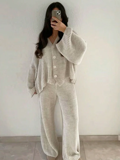 2pcs Women's Casual Knit Cardigan Sweater And Flare Pants Set, Slightly Stretchy, Warm And Comfortable, Autumn