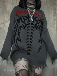 2025春秋时尚热款日常休闲街头帅气哥特朋克风黑白撞色骷髅蜘蛛蝎子图案罗纹毛边破洞女式毛衣，万圣节服装女装，万圣节服装，女士冬装，万圣节服装女装 - 灰色 - 查看 2