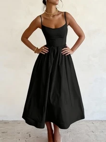 ANCHOSE 女士优雅纯色细肩带连衣裙，春夏 - 黑色 - 查看 5