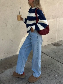 Navy Blue & White Striped Knit Loose Fit Pullover Sweater, Casual Striped Sweater - Royal Blue - View 2