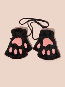 Hatastic 一双可爱猫爪露指手套，加厚保暖防寒毛绒手套，适合冬季女孩日常佩戴，附赠绳子，音乐节礼物 - 彩色 - 查看 1