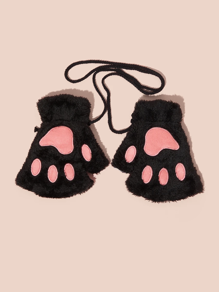 Hatastic 一双可爱猫爪露指手套，加厚保暖防寒毛绒手套，适合冬季女孩日常佩戴，附赠绳子，音乐节礼物 - 彩色 - 查看 1