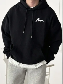 男士套头连帽衫，带抽绳，宽松版型，文字印花设计，适合秋冬季节，长袖上衣 - 黑色 - 查看 2