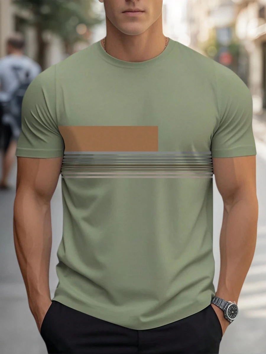 男士夏季条纹印花休闲圆领短袖T恤