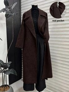 SMILE CHIC Brown Long Lapel Faux Wool Blend Coat With Belt, Versatile & Durable For Daily Wear - Rust Brown - View 1