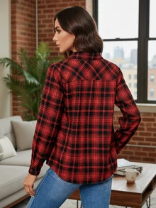 Women's Elegant Plaid Long Sleeve Red Shirt, Fashionable And Versatile Blouse For Autumn/Winter