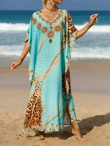 Bata de mujer de talla grande con estilo bohemio, vestido con estampado de leopardo y paisley con cuello en V - Multicolor - Ver 2