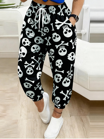 Pantalones casuales de talle alto con estampado de calavera y lazada, para tallas grandes