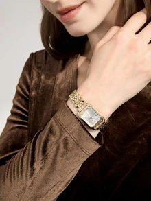 Clariva 1pc Women's Elegant Stainless Steel Strap Square Dial Classic Luxury Quartz Wrist Watch, (Without Watch Box) Gifts - Gold - View 3