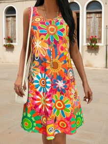Colorful Print Sleeveless Midi Dress, Slimming & Energetic - Burnt Orange - View 1