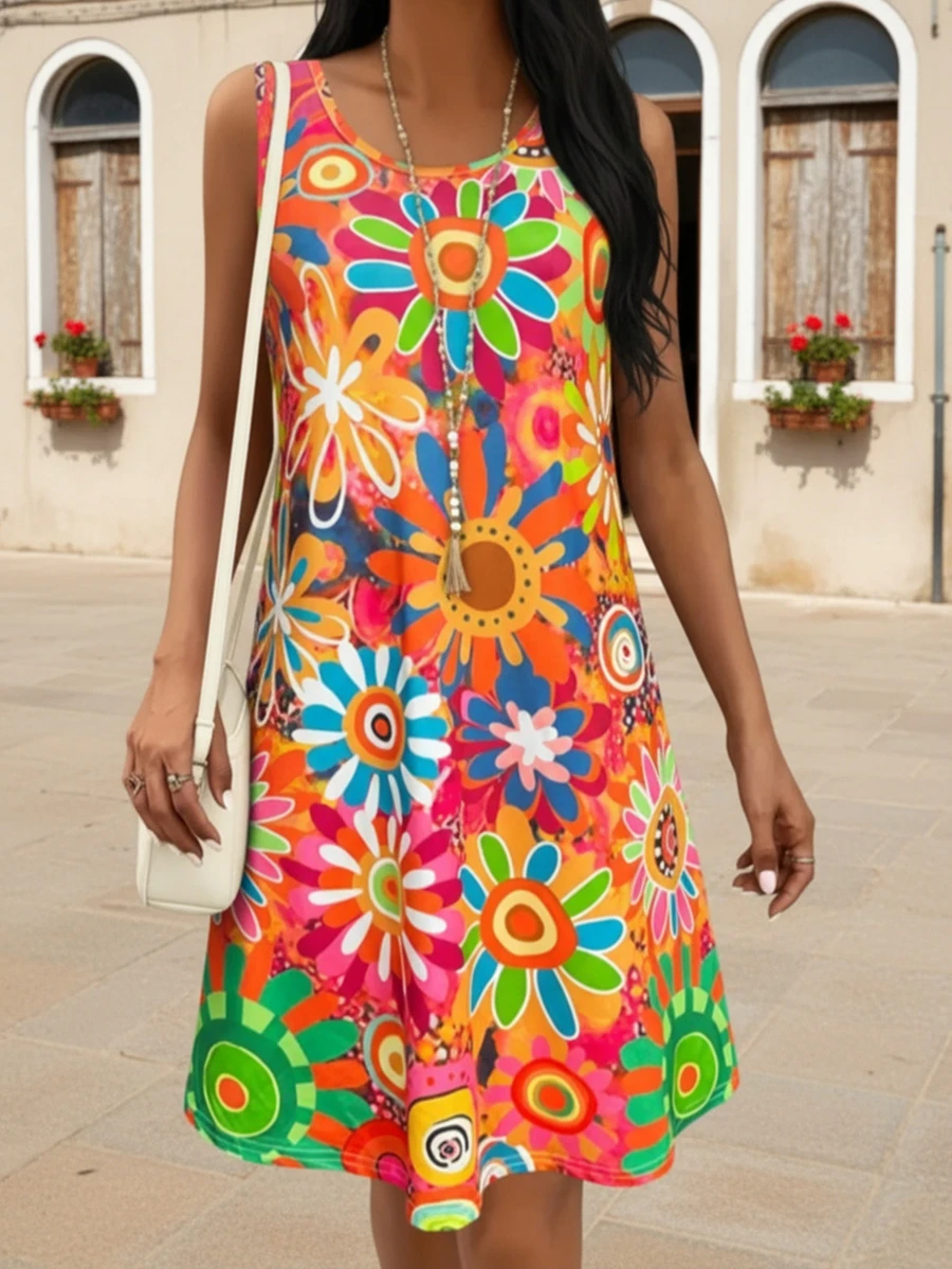 Colorful Print Sleeveless Midi Dress, Slimming & Energetic - Burnt Orange - View 1