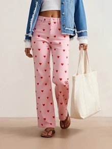 European & American Style Girls Casual Elastic Fitted Heart Pattern Narrow Leg Pants - Pink - View 2