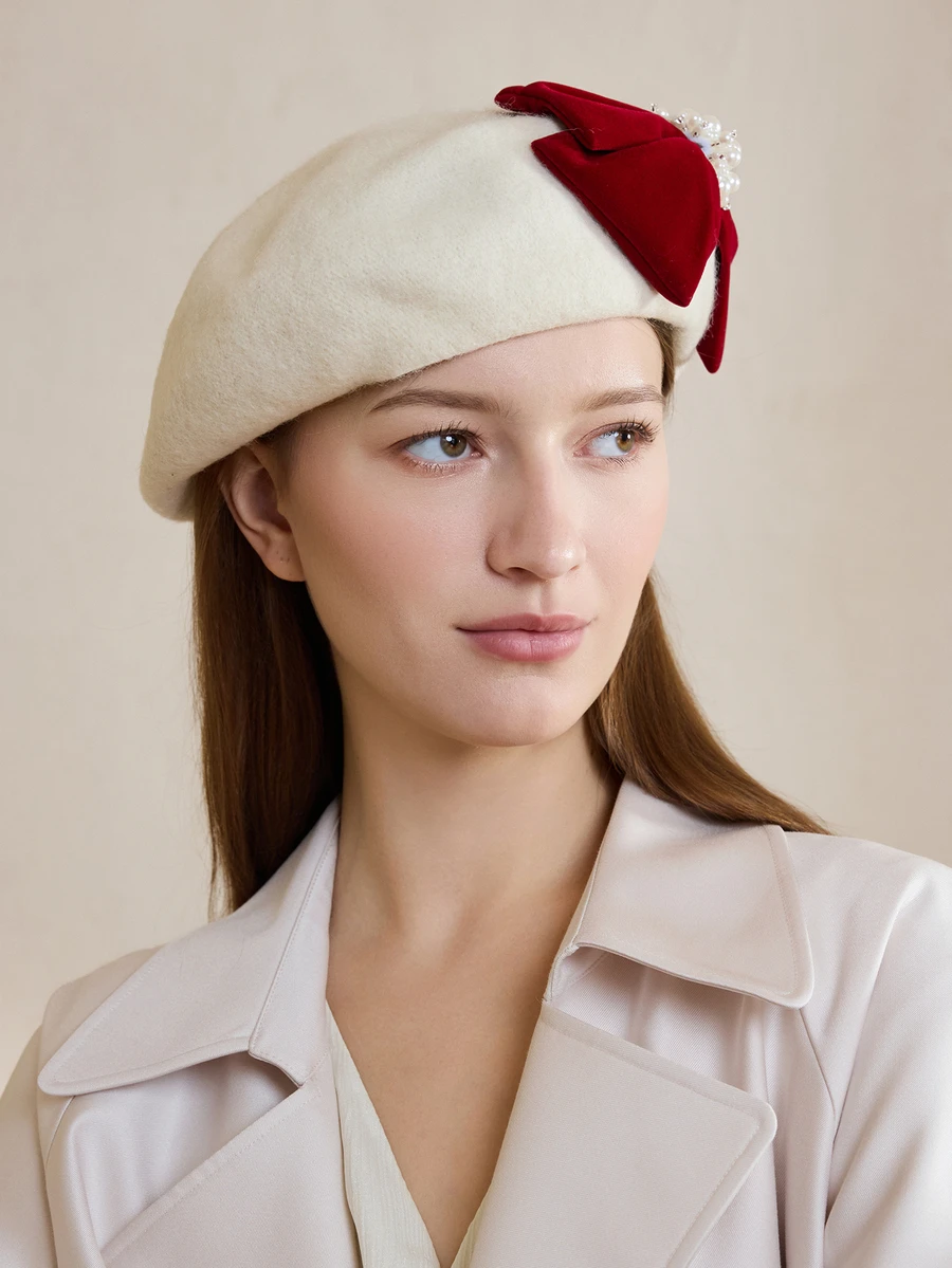 Clariva 1顶优雅羊毛混纺蝴蝶结贝雷帽，秋冬圣诞礼物 - 白色 - 查看 1