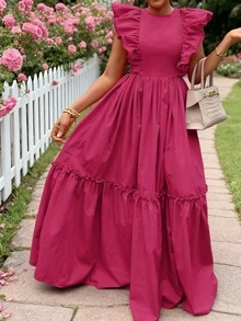 ANCHOSE 女式优雅假日纯色盖袖褶饰拼布短款休闲连衣裙，春夏 - 玫紅色 - 查看 5