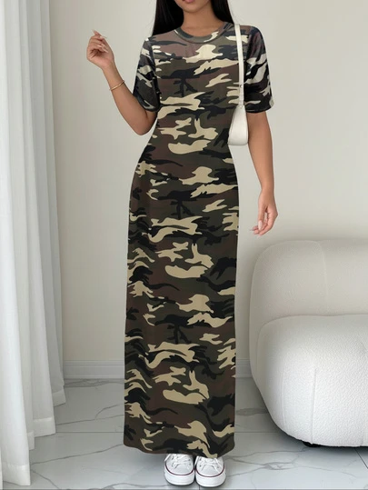 Christmas Women's Camouflage Dress With Slit Design, Elegant And Energetic Outfit For Going Out