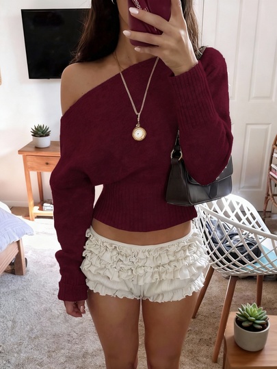 Sexy Open Shoulder Off Shoulder Knit Sweater, Comfortable & Elegant, Suitable For Dating, Daily Gatherings, Casual Travel In Autumn/Winter