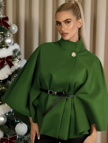 一款时尚优雅的纯色短外套（七分袖或四分袖，女士冬季款式，披肩式外观，饰有系带设计，适合工作、约会、购物和外出等各种场合）。 - 綠色 - 查看 2