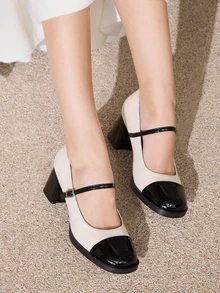 Clariva 女士PU皮革粗跟玛丽珍鞋圣诞礼物 - 黑與白 - 查看 4