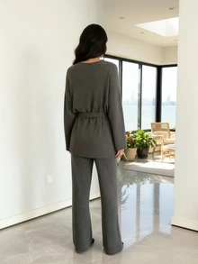 Women's Elegant 2 Pieces Set, Notched Neck Tie Front Loose Fit, Slightly Stretchy Fabric, Suitable For Winter Wear - Dark Grey - View 2