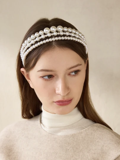 Clariva 波西米亚风3件套复古大珍珠皇冠象牙色仿珍珠发箍，适合婚礼、舞会、派对等场合，女士发饰，发箍，发圈头饰，圣诞礼物