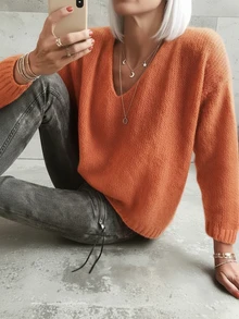 Minimalist Solid Color V-Neck Loose Fit Slimming Casual Pullover Sweater, Autumn/Winter - Burnt Orange - View 3