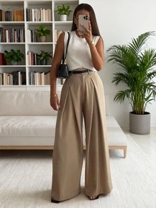 SMILE CHIC 女士夏季褶皱阔腿休闲高腰裤，适合约会、通勤，轻盈透气面料，百搭日常穿着，适合各种体型（不含腰带）春季 - 卡其色 - 查看 2