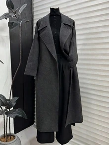 SMILE CHIC 灰色长翻领仿羊毛混纺大衣，配腰带，百搭耐穿，适合日常穿着 - 深灰色 - 查看 1