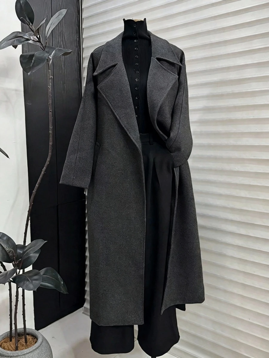SMILE CHIC 灰色长翻领仿羊毛混纺大衣，配腰带，百搭耐穿，适合日常穿着 - 深灰色 - 查看 1