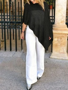时尚优雅宽松针织开衫披肩，女式，超大版型，轻盈，非常别致，适合春夏休闲、旅行、海滩、百搭风格 - 黑色 - 查看 2