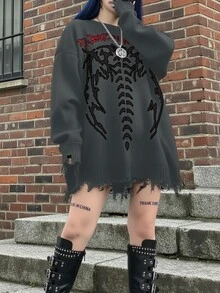 2025春秋时尚热款日常休闲街头帅气哥特朋克风黑白撞色骷髅蜘蛛蝎子图案罗纹毛边破洞女式毛衣，万圣节服装女装，万圣节服装，女士冬装，万圣节服装女装 - 灰色 - 查看 3
