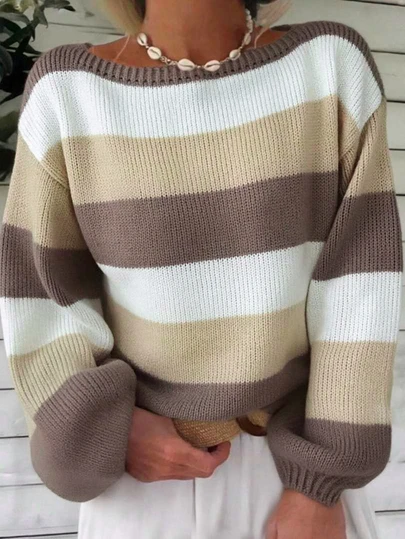 Women's Fashionable Autumn/Winter New Lazy Striped Contrast Color Sweater, Soft Knitted Pullover