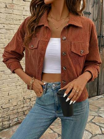 New Women's Brown Corduroy Long Sleeve Shirt