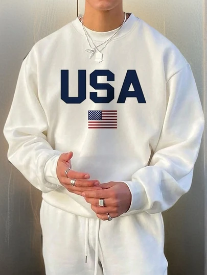 US Flag Pattern Men's Basic Sweatshirt, Casual Street Style For Spring And Autumn, Long Sleeve Top