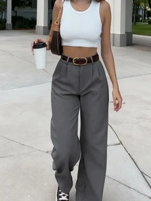 复古高腰阔腿西装裤，宽松显瘦直筒裤，休闲通勤日常百搭，适合春秋季穿着 - 淺灰色 - 查看 2