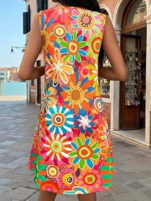 Colorful Print Sleeveless Midi Dress, Slimming & Energetic - Burnt Orange - View 2