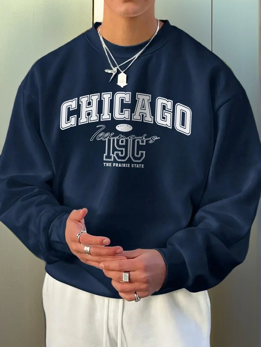 Áo sweatshirt nam cổ tròn kiểu Mỹ cổ điển in chữ hoa | In chữ Chicago | Phong cách đường phố thường ngày | Thích hợp mặc nhẹ nhàng hàng ngày vào mùa xuân và mùa thu