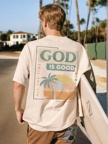 男士休闲棕榈树印花短袖 T 恤 - 杏色 - 查看 2