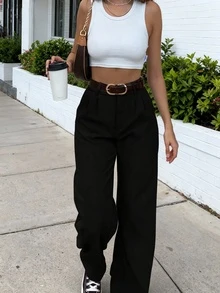 Quần tây nữ SMILE CHIC kiểu vintage cạp cao, phù hợp cho mùa xuân/hè, dáng rộng thoải mái, chất liệu vải mềm mại, thoáng khí, ống đứng, màu đen, thích hợp mặc đi làm hàng ngày. - màu đen - Xem 2