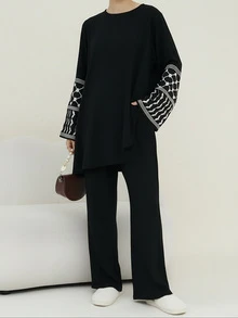 女士两件套宽松套装，2026春夏款，几何刺绣图案袖口设计 | 中东优雅两件套，时尚斋月长袍套装，优雅阿拉伯服饰 - 黑色 - 查看 3