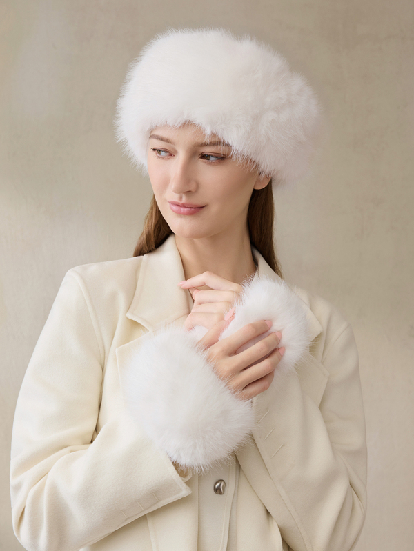 Clariva 2pcs Set Solid Color Acrylic Fuzzy Beanie Hat And Cuffs, Fluffy Trim, Warm For Autumn Winter Winter Accessories Winter Outfits Gifts