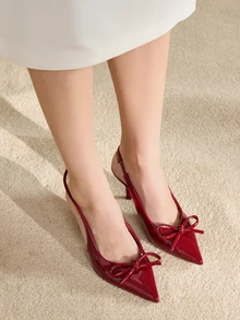 Clariva 2025春季新款通勤现代细跟蝴蝶结法式尖头女凉鞋圣诞礼物 - 紅色 - 查看 3