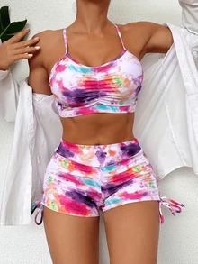 2 件套女士度假荷叶边扎染印花比基尼套装夏季