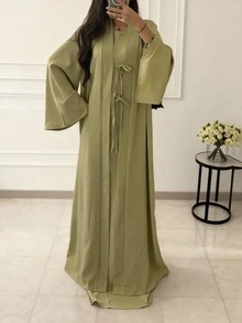 Women's Elegant Sleeveless Robe And Bowknot Long Cardigan Two Pieces Set Spring - Green - View 9