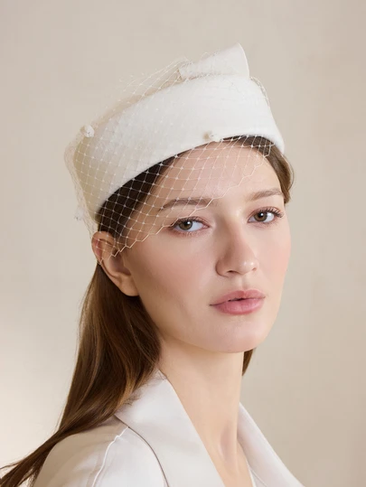 Clariva 1pc Air Stewardess Elegant British Style Bowknot Mesh Lace Woolen Hat Fascinator For Women Grown Women Outfits Gentle White Hat Wedding Accessories Gifts