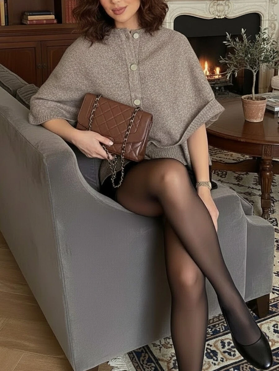 FOR BEAUTY 春夏新款棕色圆领单排扣斗篷式针织开衫毛衣，时尚优雅简约，宽松百搭，适合约会、外出、通勤等场合，春季针织外套 - 棕色 - 查看 1