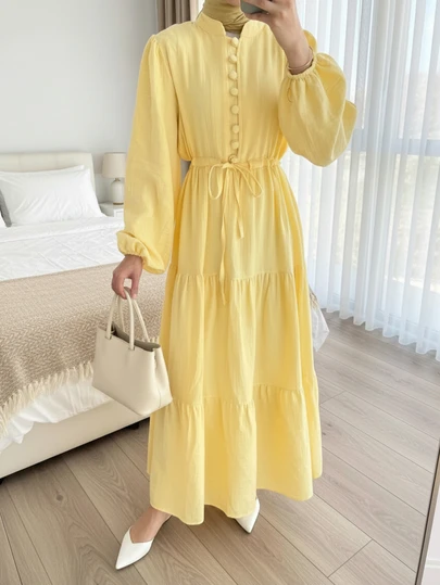Women's Elegant Solid Color Button Waist Tie Knot Casual, Birthday Party, Formal Evening, Date Lantern Sleeve Hem Patchwork Dress, Autumn/Winter Spring