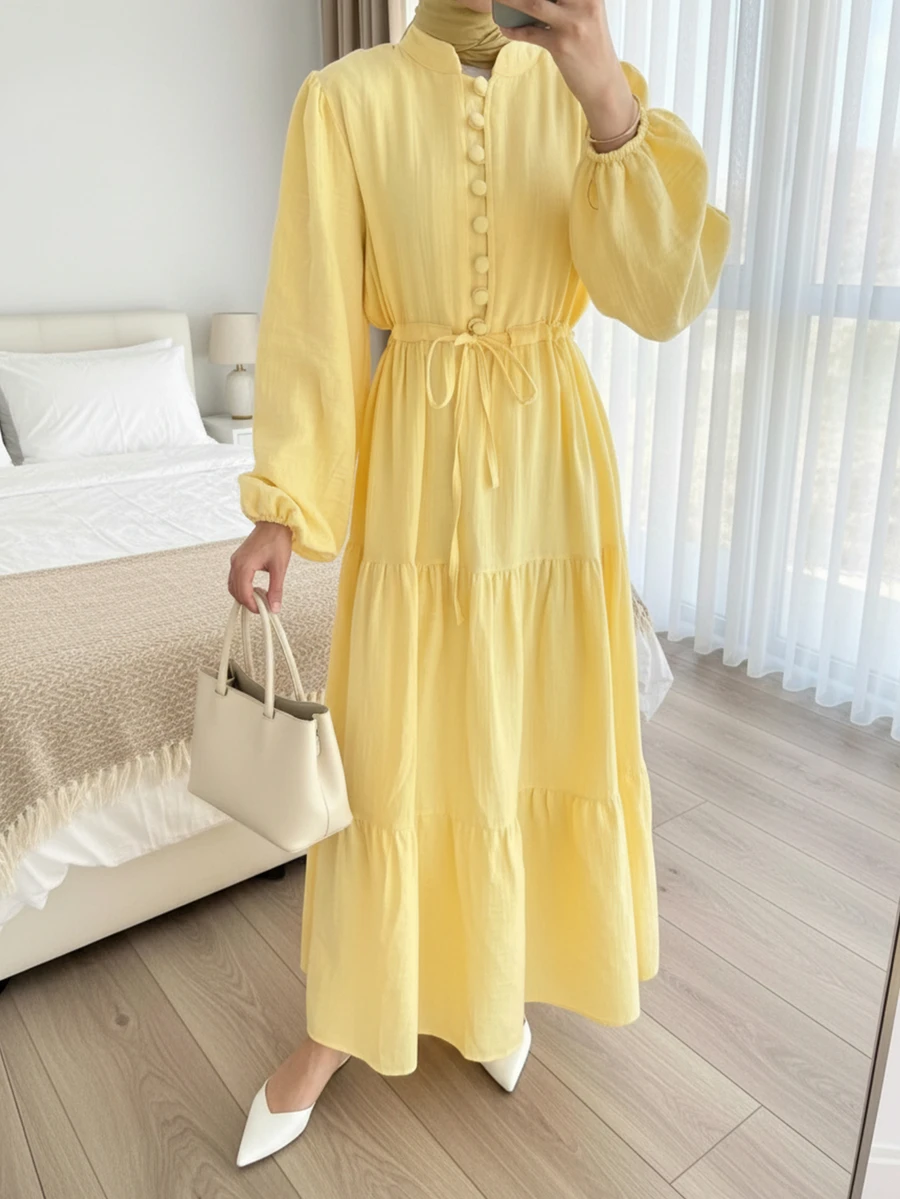 女款優雅純色鈕扣腰帶打結燈籠袖拼接下擺長款長袍 黃色 - 黃色 - 查看 1