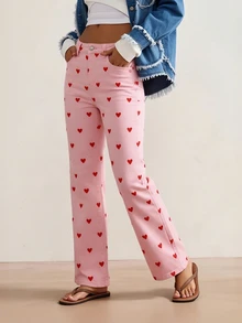 European & American Style Girls Casual Elastic Fitted Heart Pattern Narrow Leg Pants - Pink - View 3